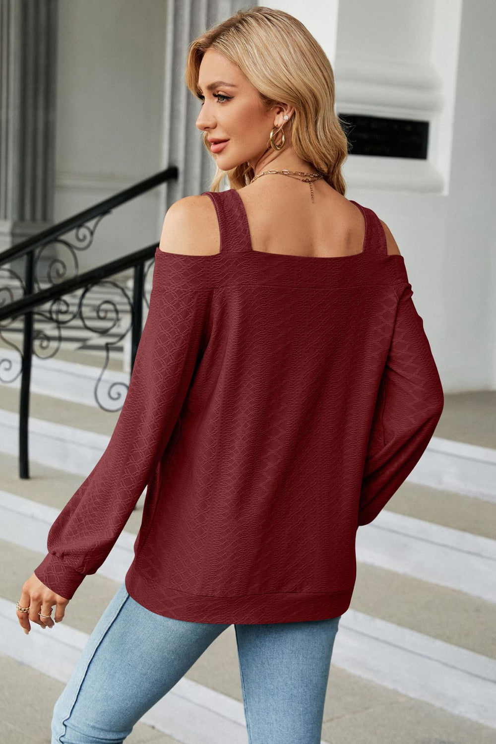 Fall Cold Shoulder Square Neck Cutout Blouse BLUE ZONE PLANET