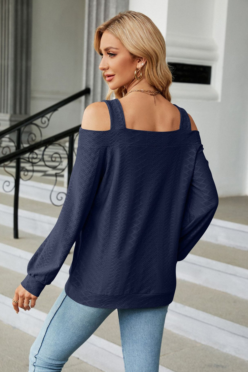 Fall Cold Shoulder Square Neck Cutout Blouse BLUE ZONE PLANET