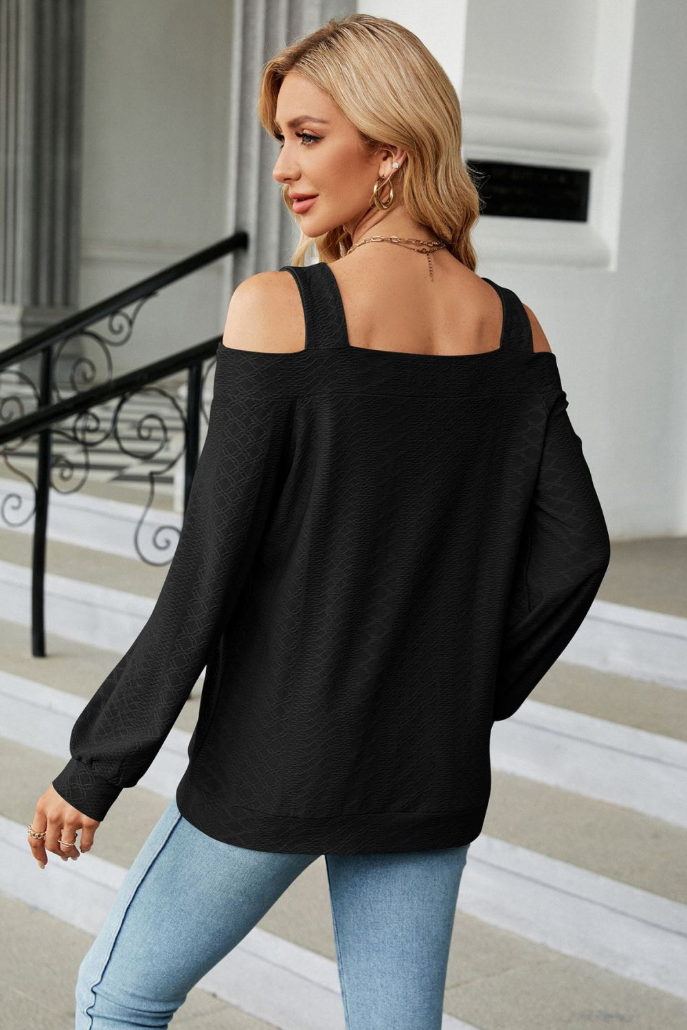 Fall Cold Shoulder Square Neck Cutout Blouse BLUE ZONE PLANET