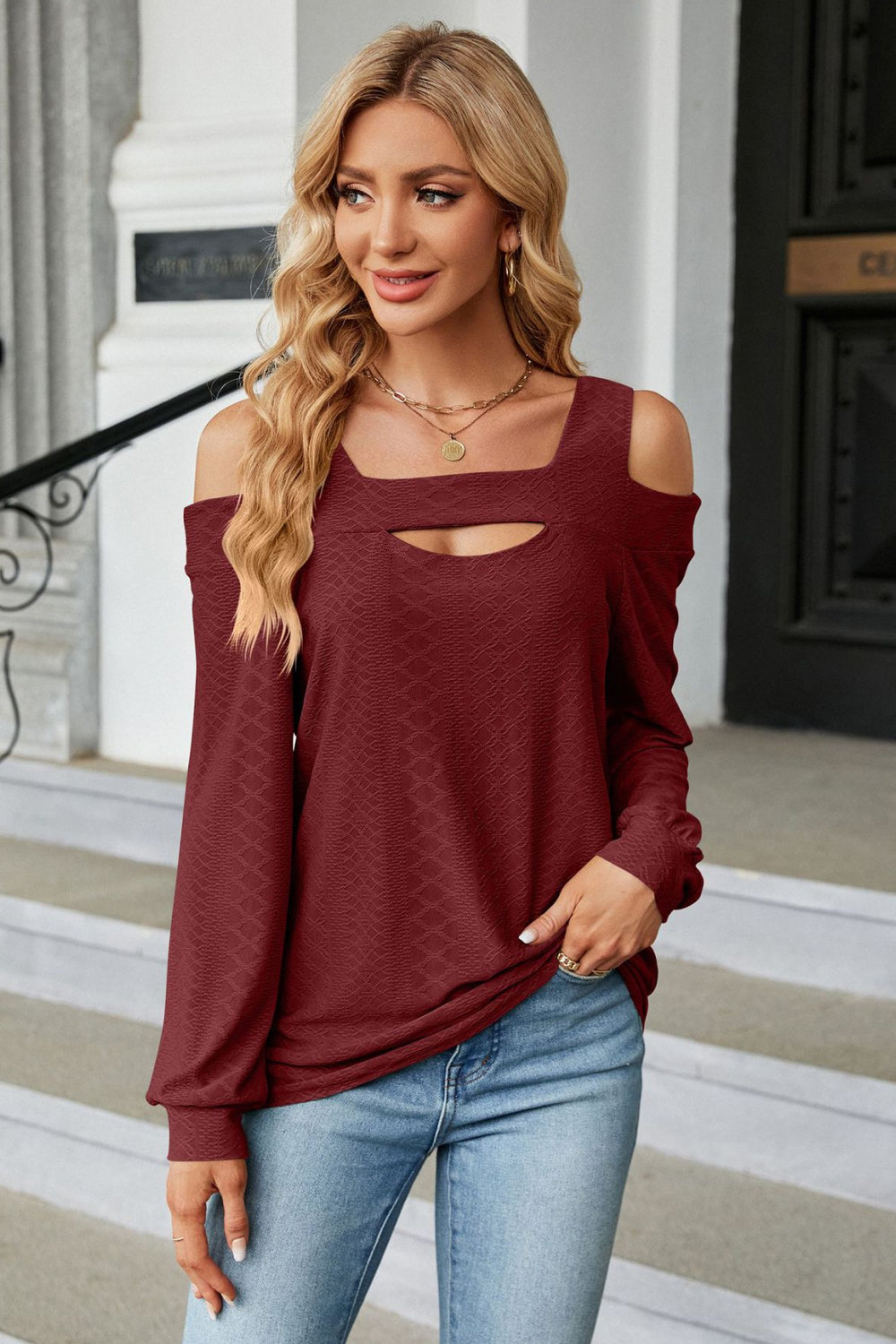 Fall Cold Shoulder Square Neck Cutout Blouse BLUE ZONE PLANET