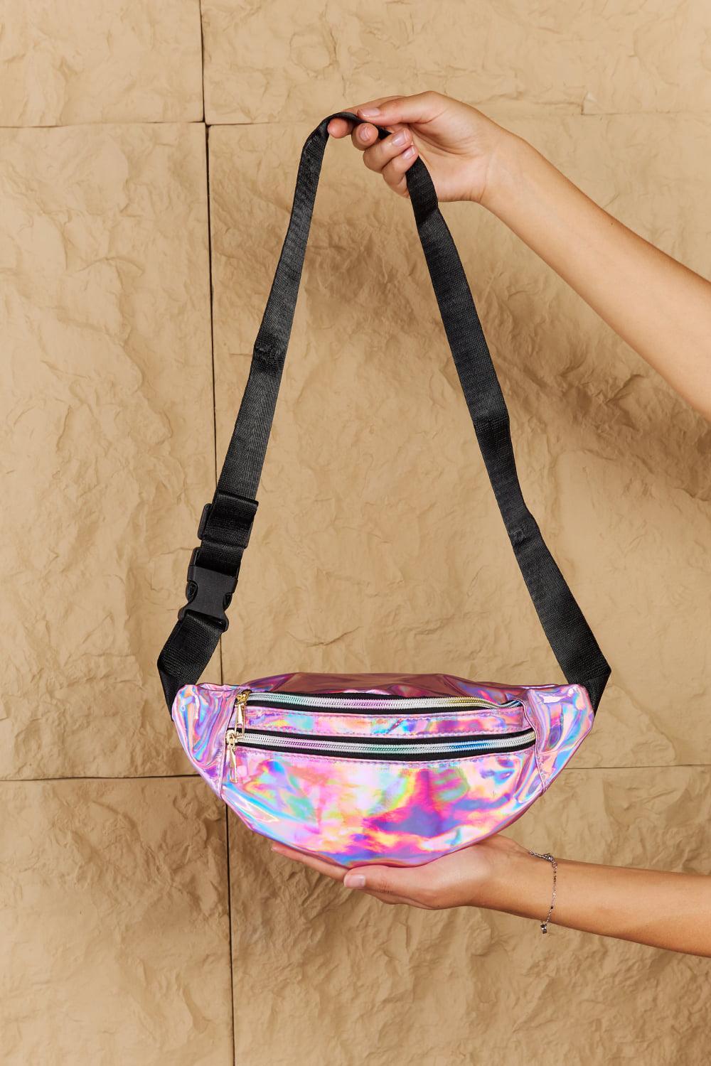 Fame Good Vibrations Holographic Double Zipper Fanny Pack in Hot Pink BLUE ZONE PLANET