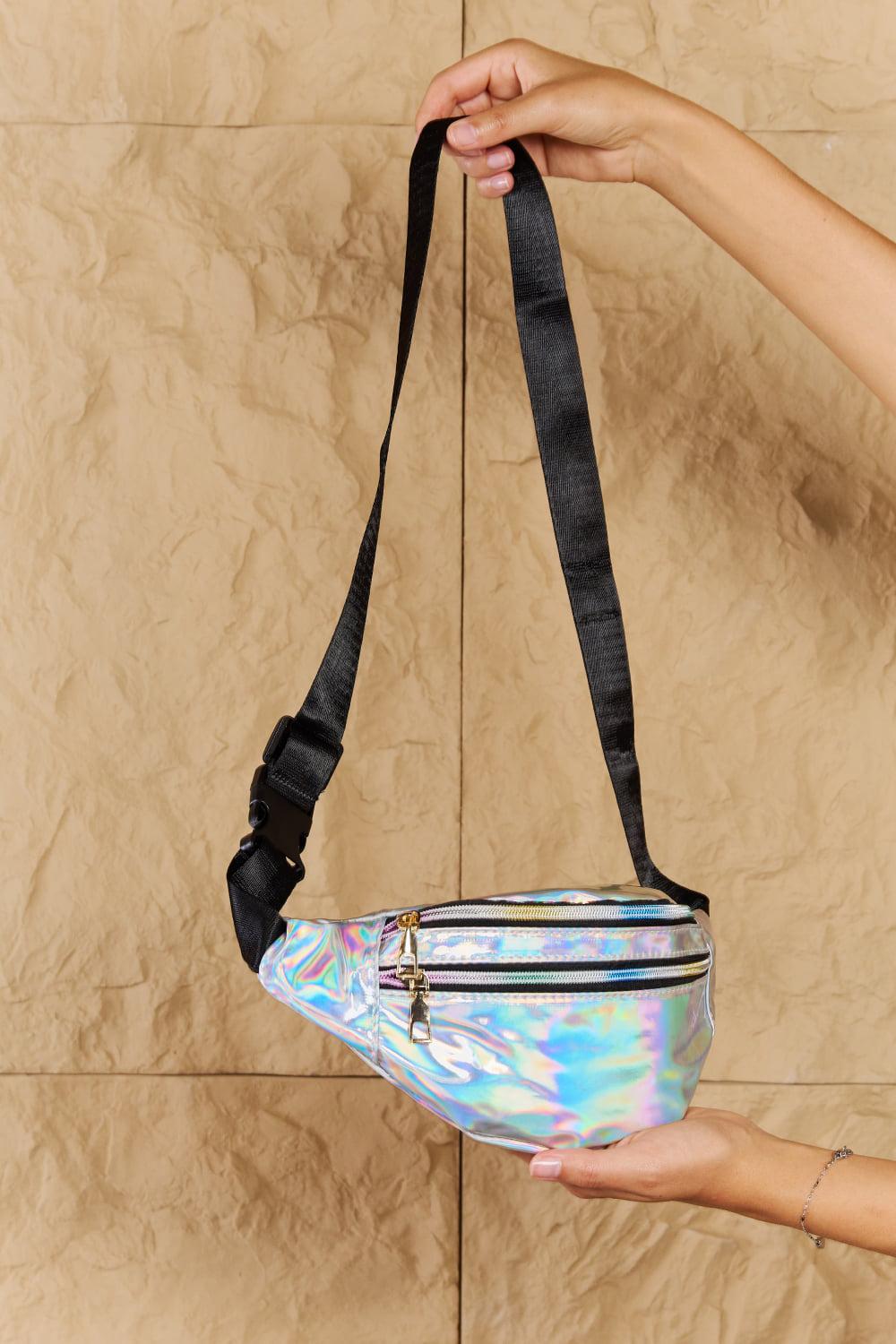 Fame Good Vibrations Holographic Double Zipper Fanny Pack in Silver BLUE ZONE PLANET