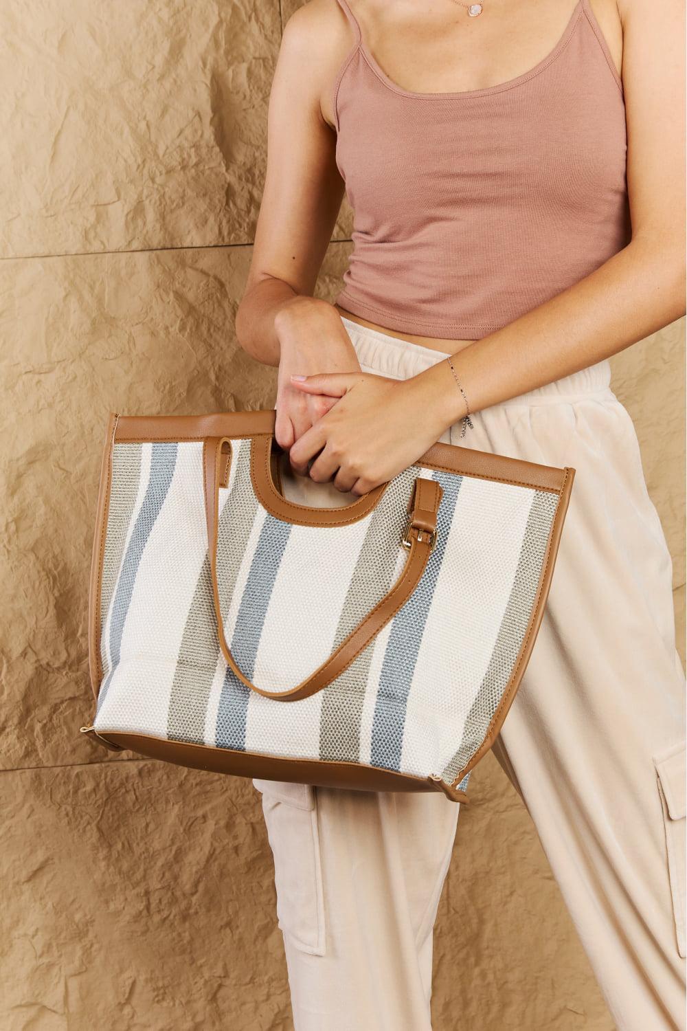 Fame Striped In The Sun Faux Leather Trim Tote Bag BLUE ZONE PLANET