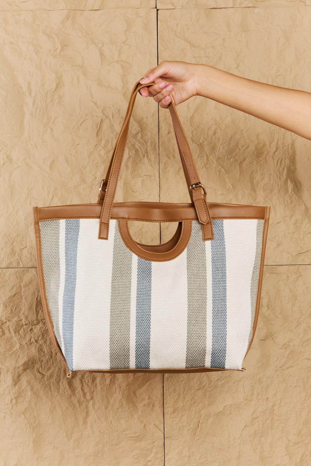 Fame Striped In The Sun Faux Leather Trim Tote Bag BLUE ZONE PLANET