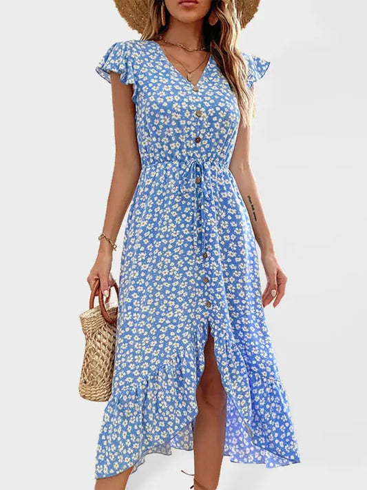 Fashion Irregular Printed Dress Mid Length BLUE ZONE PLANET