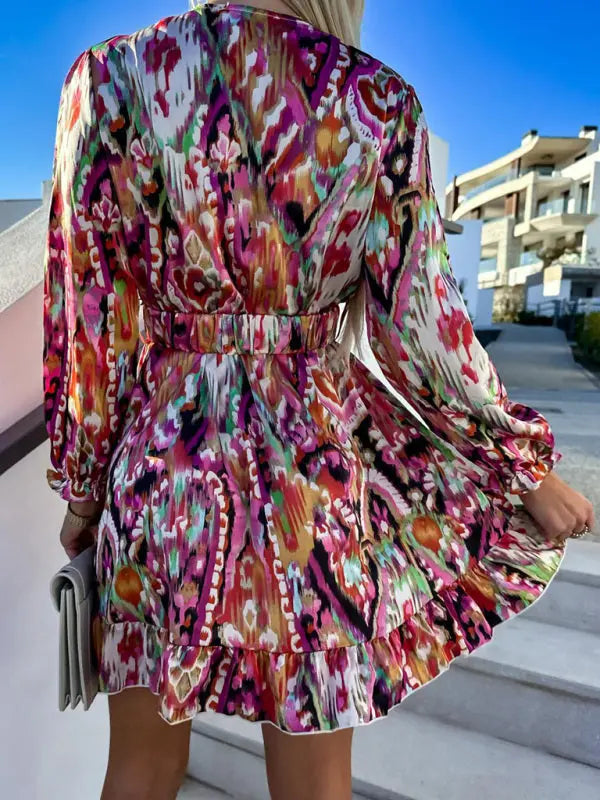 Fashionable new print waist V-neck long-sleeved dress kakaclo