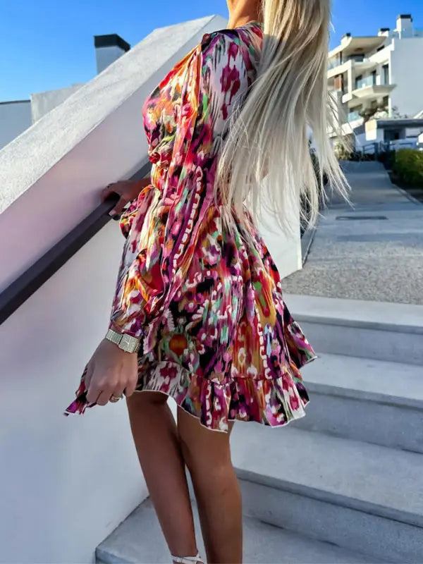 Fashionable new print waist V-neck long-sleeved dress kakaclo