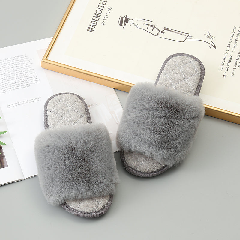 Faux Fur Slide Slippers - Open Toe 