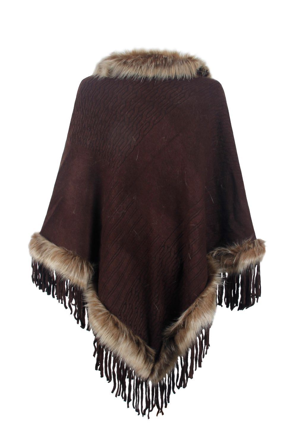 Faux Fur Trim Fringed Poncho BLUE ZONE PLANET