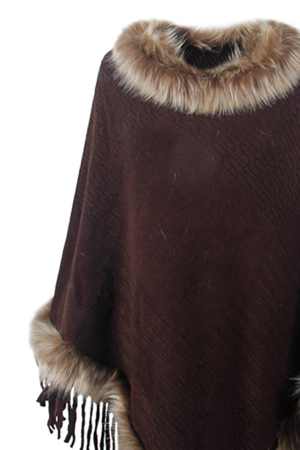 Faux Fur Trim Fringed Poncho BLUE ZONE PLANET