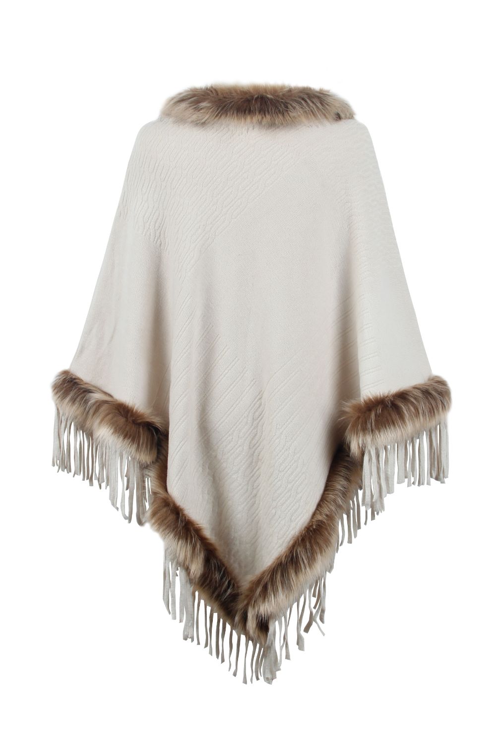 Faux Fur Trim Fringed Poncho BLUE ZONE PLANET