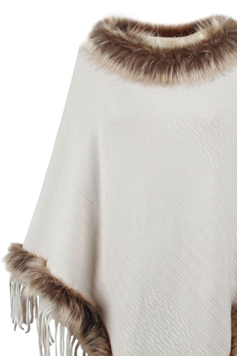 Faux Fur Trim Fringed Poncho BLUE ZONE PLANET