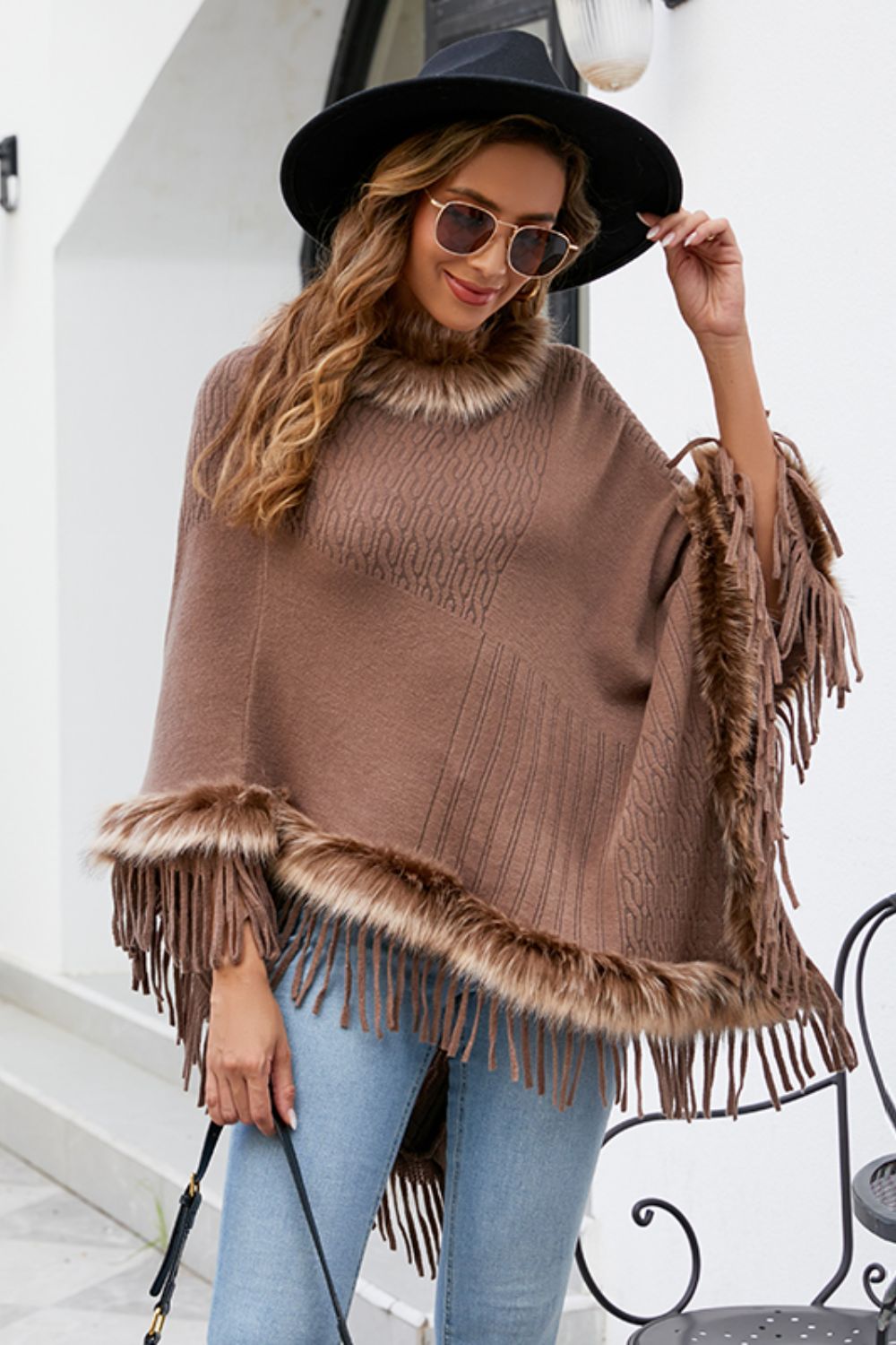 Faux Fur Trim Fringed Poncho BLUE ZONE PLANET