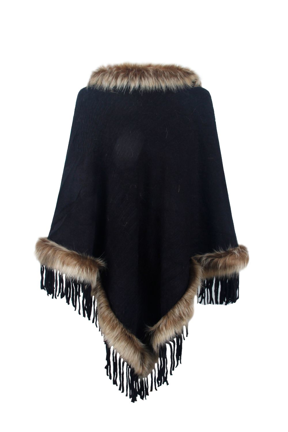 Faux Fur Trim Fringed Poncho BLUE ZONE PLANET