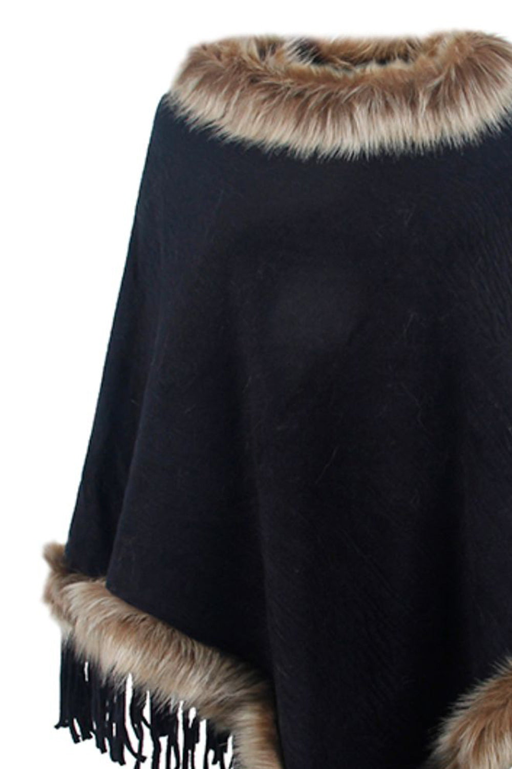 Faux Fur Trim Fringed Poncho BLUE ZONE PLANET