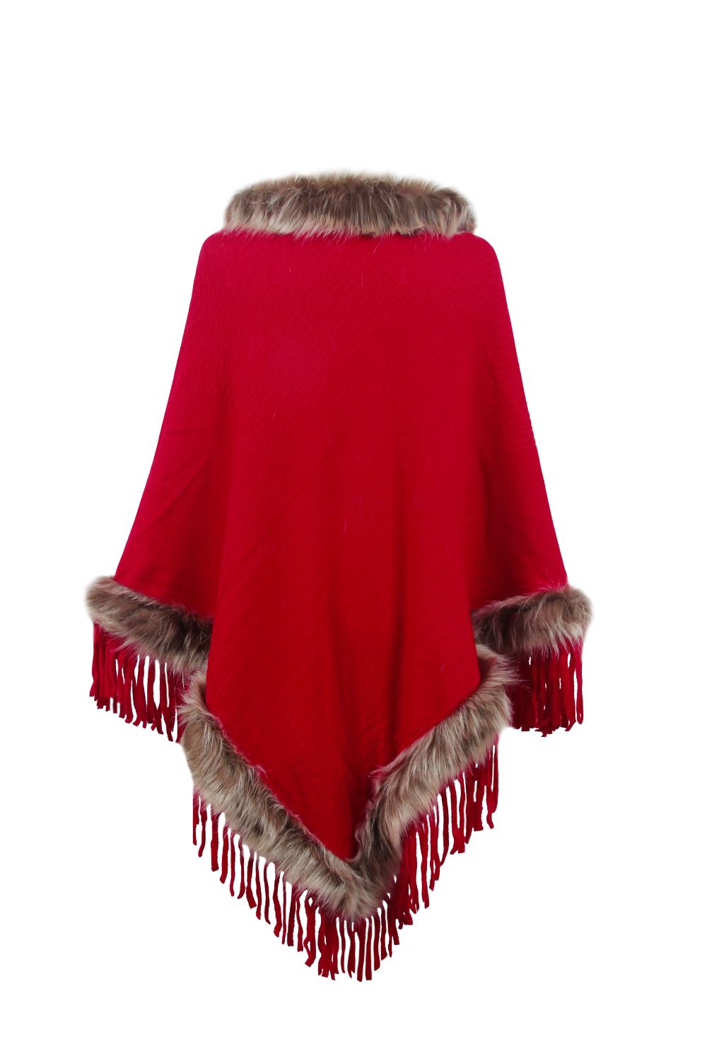 Faux Fur Trim Fringed Poncho BLUE ZONE PLANET