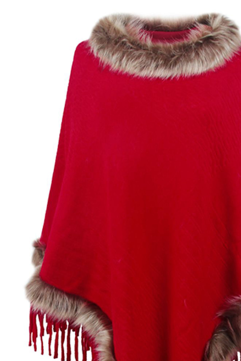 Faux Fur Trim Fringed Poncho BLUE ZONE PLANET