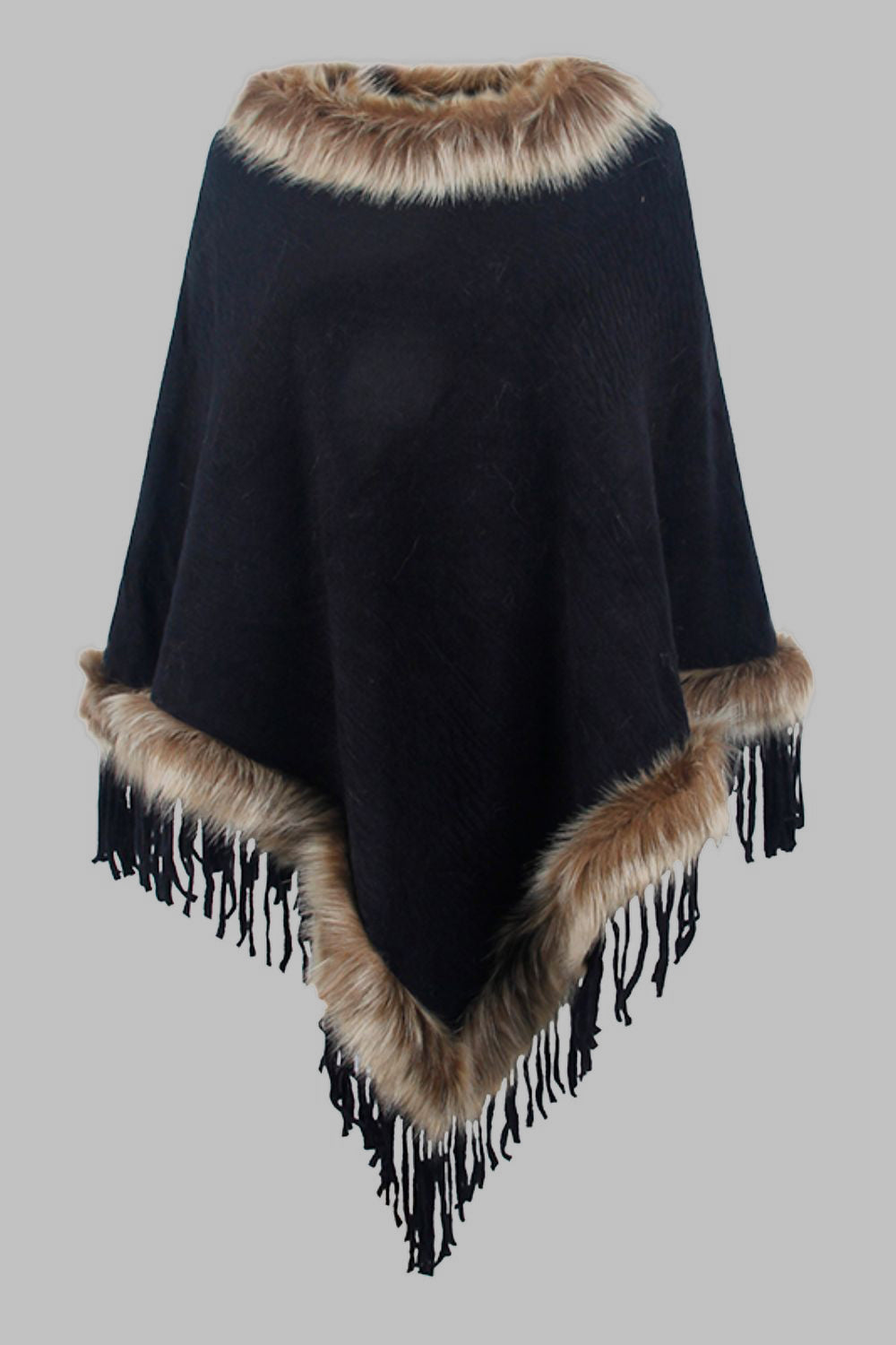 Faux Fur Trim Fringed Poncho BLUE ZONE PLANET