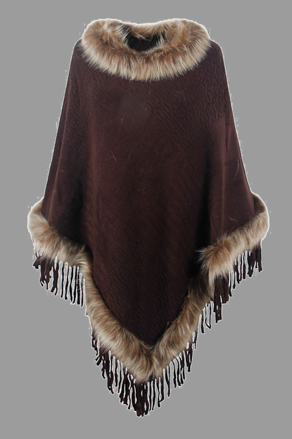 Faux Fur Trim Fringed Poncho BLUE ZONE PLANET