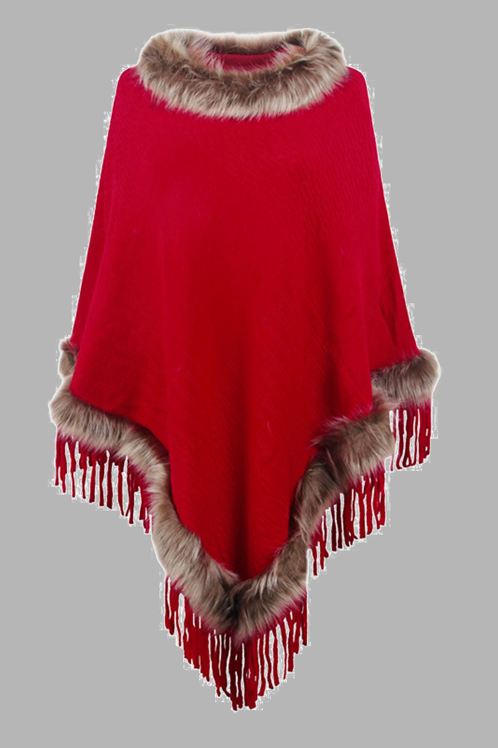 Faux Fur Trim Fringed Poncho BLUE ZONE PLANET