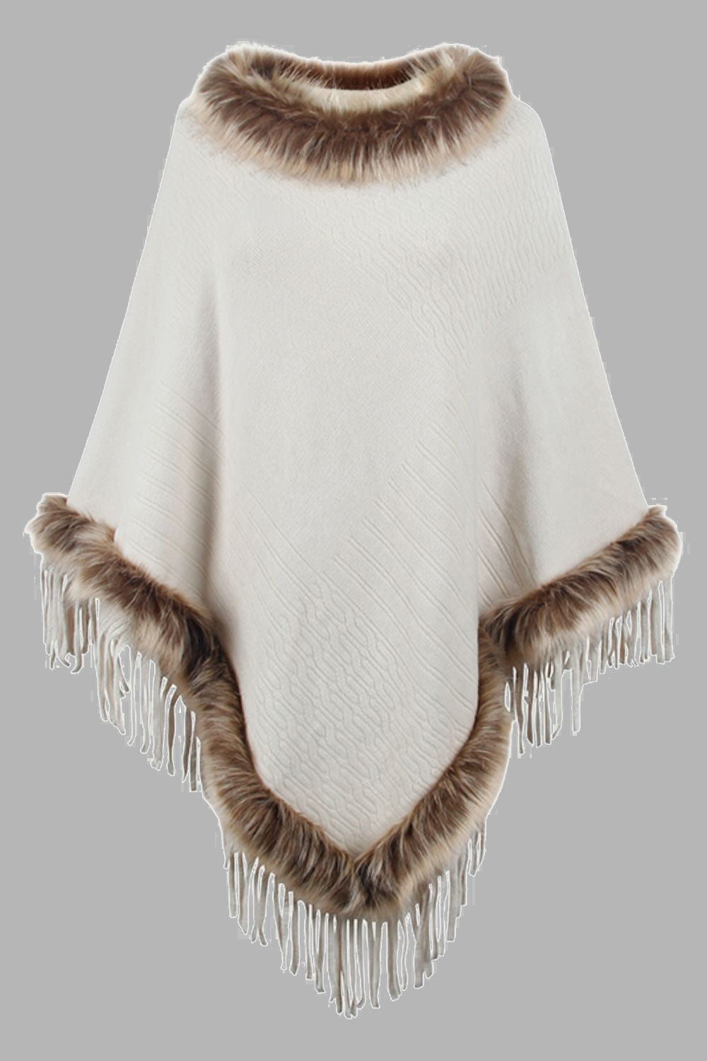 Faux Fur Trim Fringed Poncho BLUE ZONE PLANET