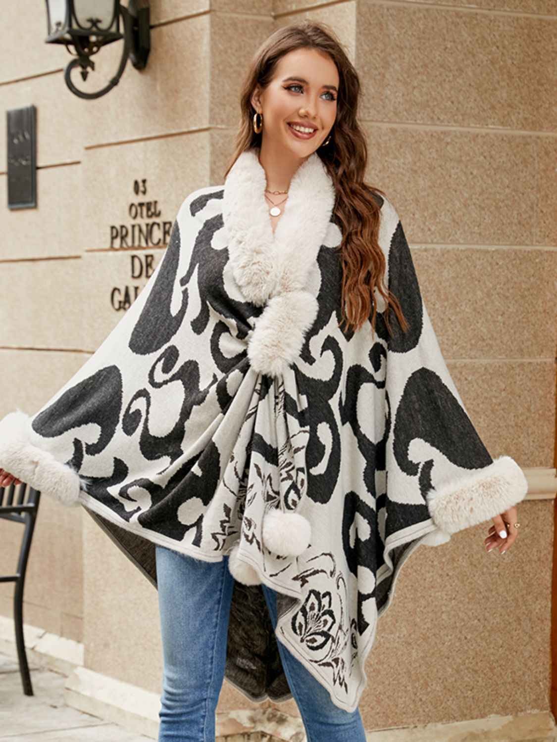 Faux Fur Trim Poncho BLUE ZONE PLANET