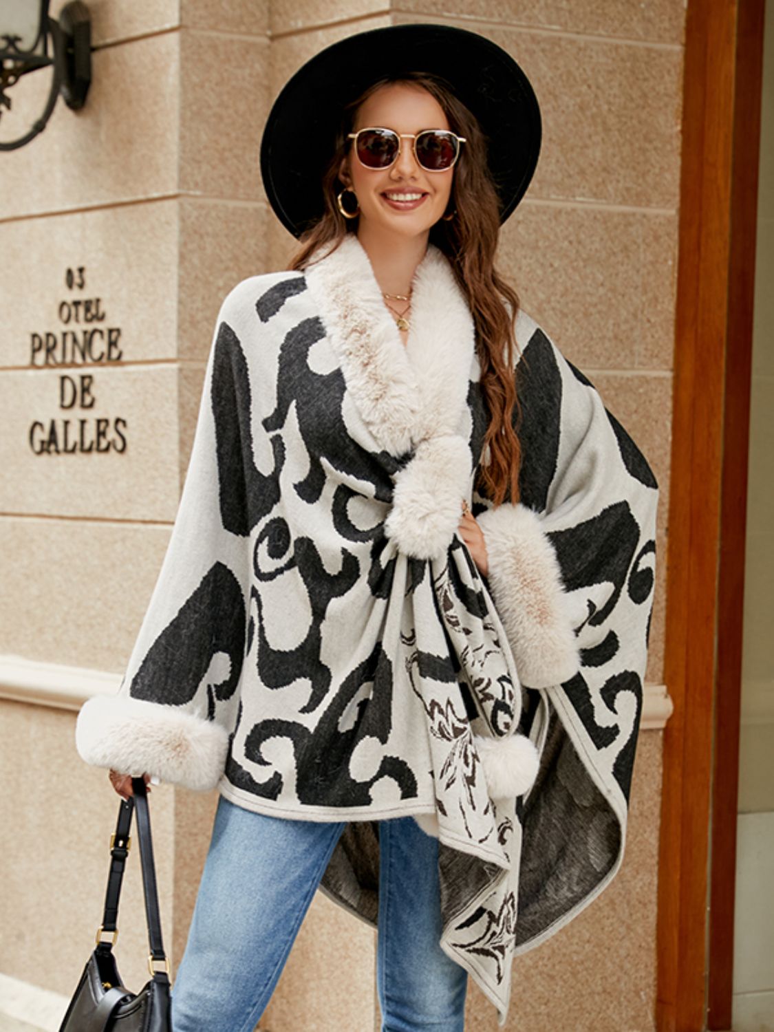 Faux Fur Trim Poncho BLUE ZONE PLANET