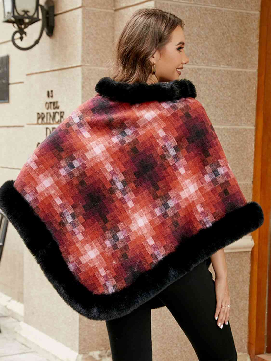 Faux Fur Trim Poncho BLUE ZONE PLANET