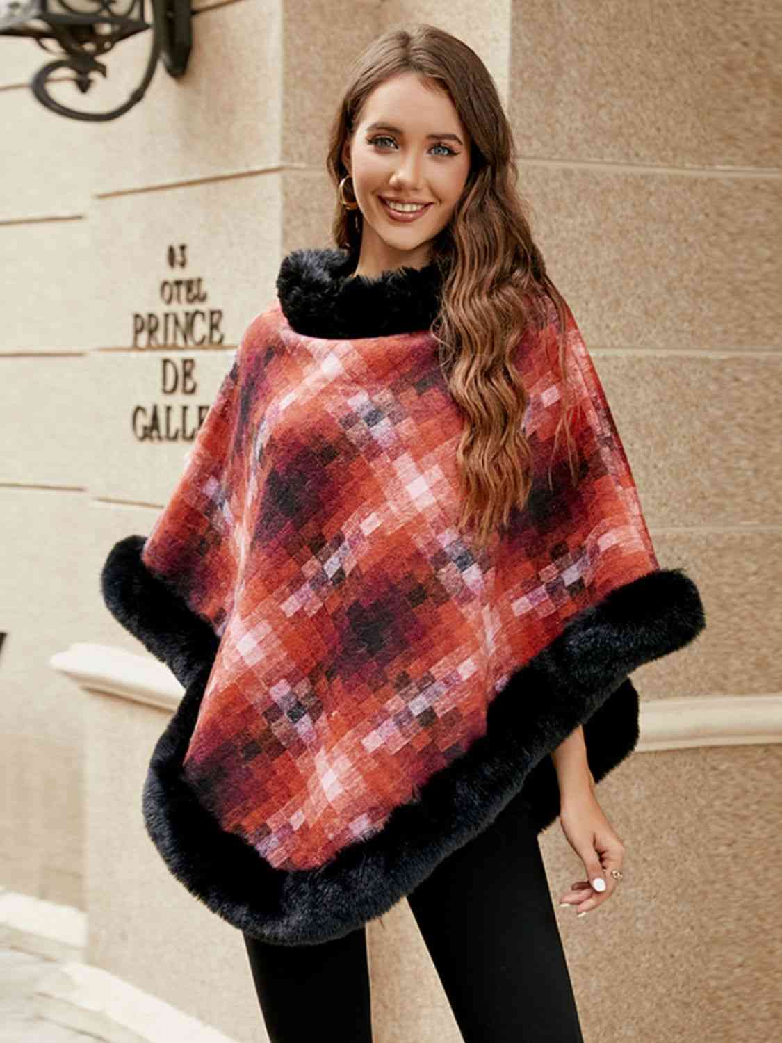 Faux Fur Trim Poncho BLUE ZONE PLANET