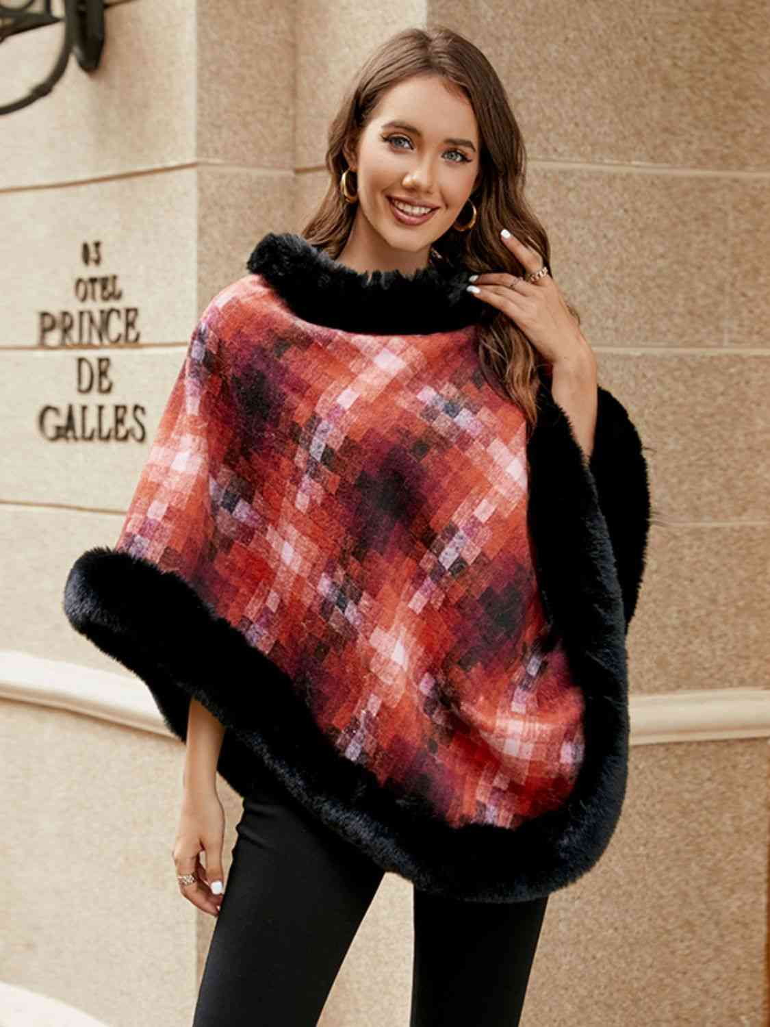 Faux Fur Trim Poncho BLUE ZONE PLANET