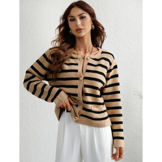 Women's Striped Loose Knit Single Breasted Cardigan Sweater-[Adult]-[Female]-Khaki-S-2022 Online Blue Zone Planet