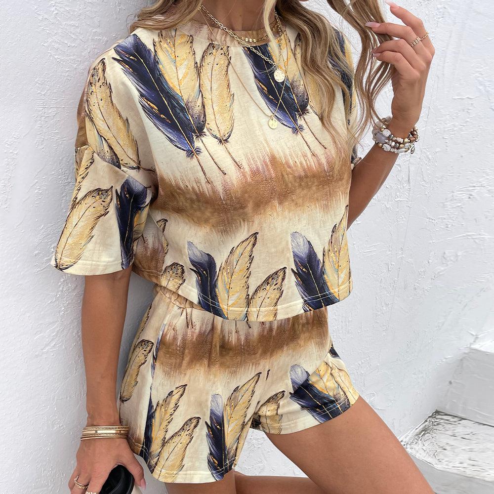 Feather Print Half Sleeve Top and Shorts Set BLUE ZONE PLANET