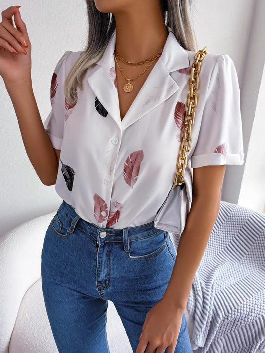 Feather Print Lapel Collar Puff Sleeve Shirt BLUE ZONE PLANET