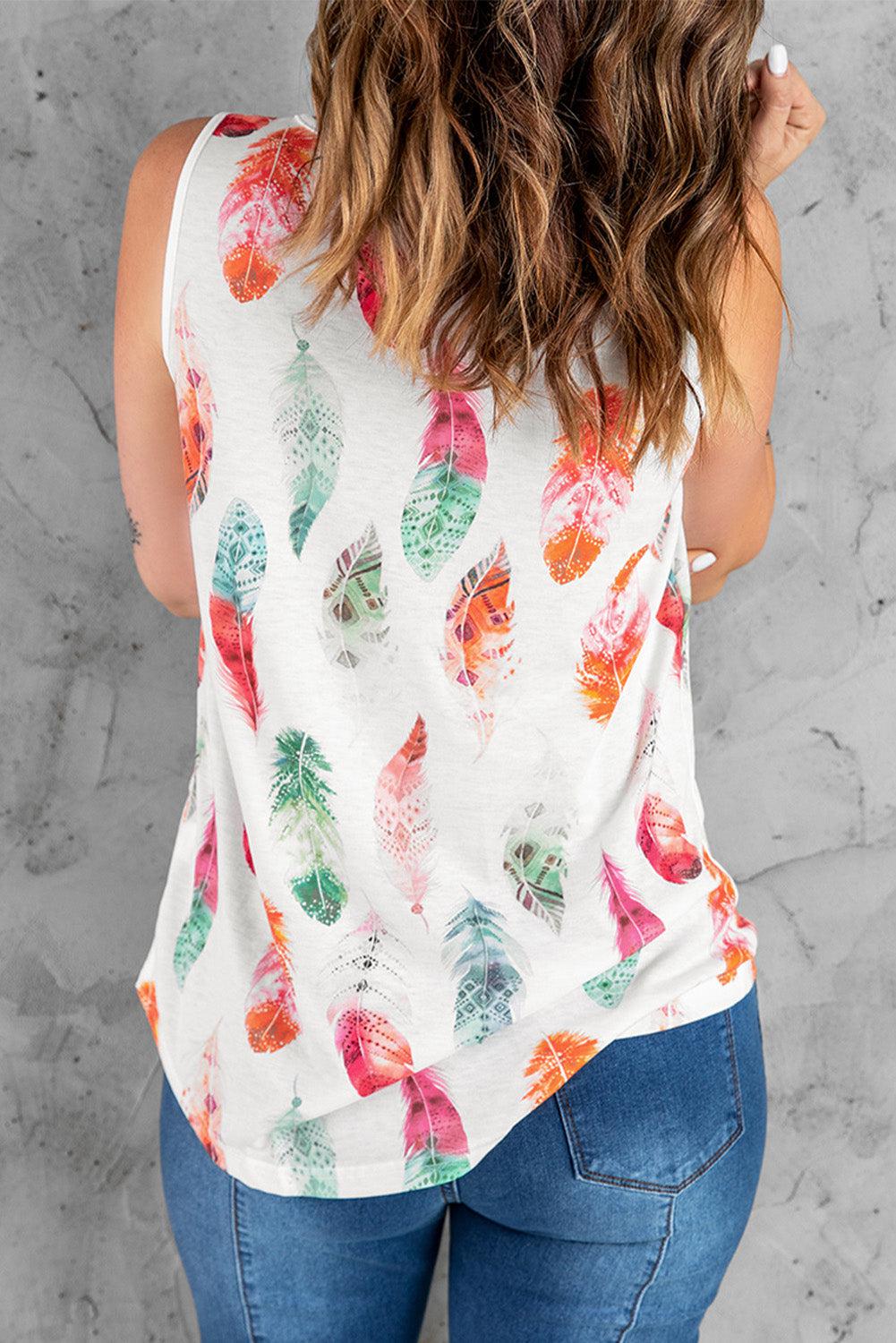 Feather Print Round Neck Tank BLUE ZONE PLANET