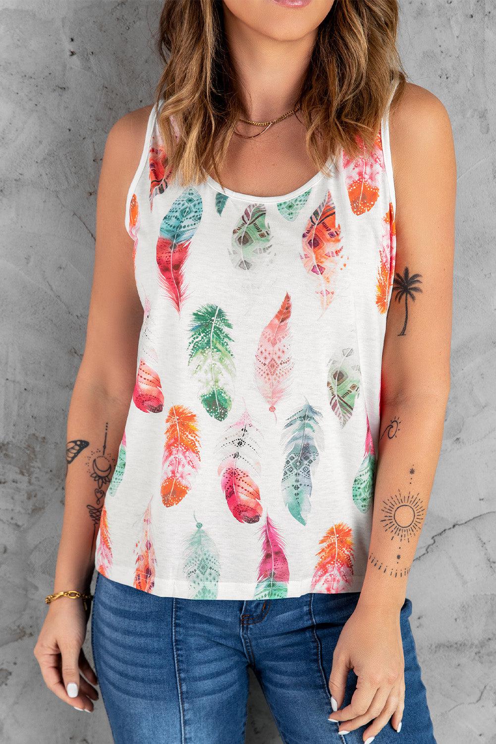 Feather Print Round Neck Tank BLUE ZONE PLANET