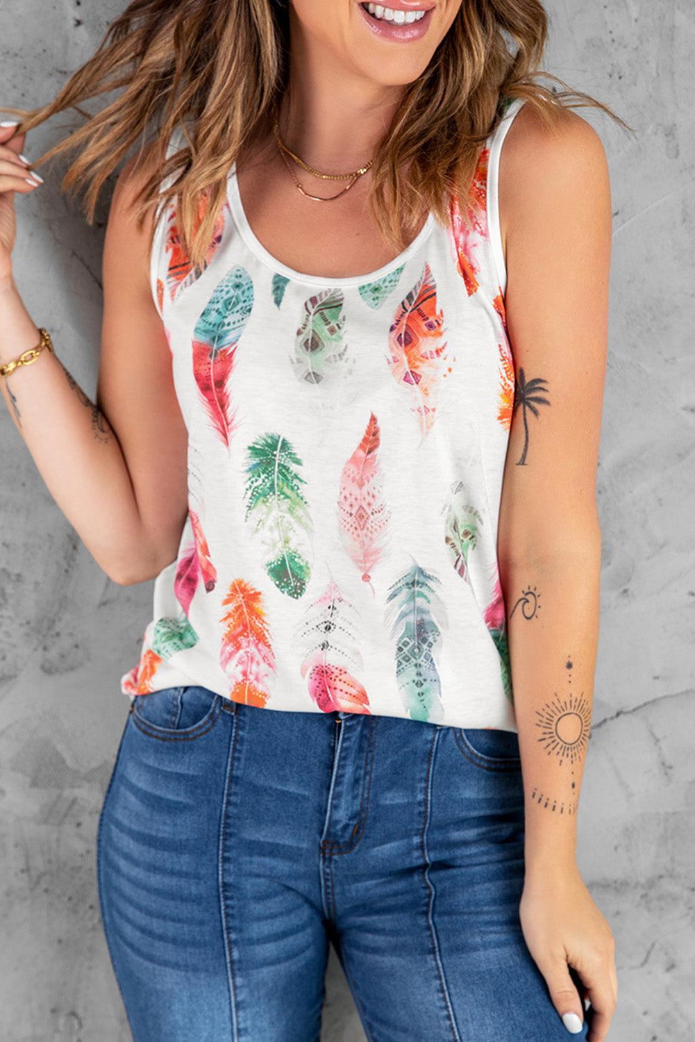 Feather Print Round Neck Tank BLUE ZONE PLANET