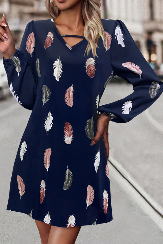 Feather Print V-Neck Dress BLUE ZONE PLANET