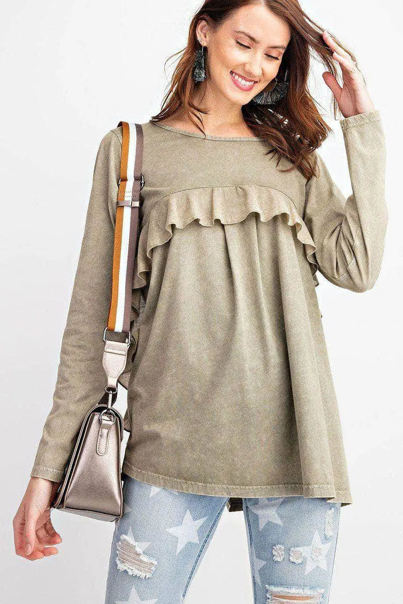 Feeling Free Ruffled Knit Tunic - Faded Olive Blue Zone Planet