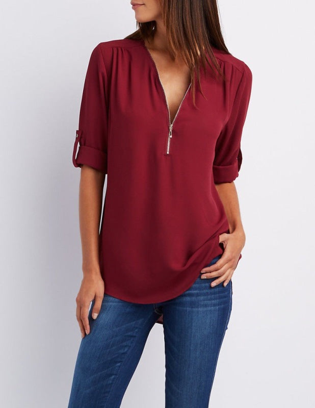 Blue Zone Planet | V-neck zipper large size long-sleeved pull-sleeve loose commuter chiffon shirt BLUE ZONE PLANET