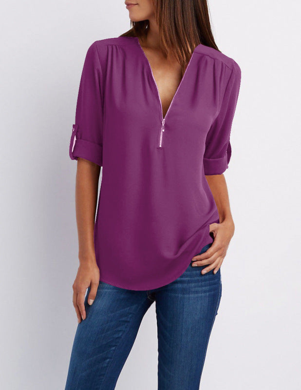 Blue Zone Planet | V-neck zipper large size long-sleeved pull-sleeve loose commuter chiffon shirt BLUE ZONE PLANET