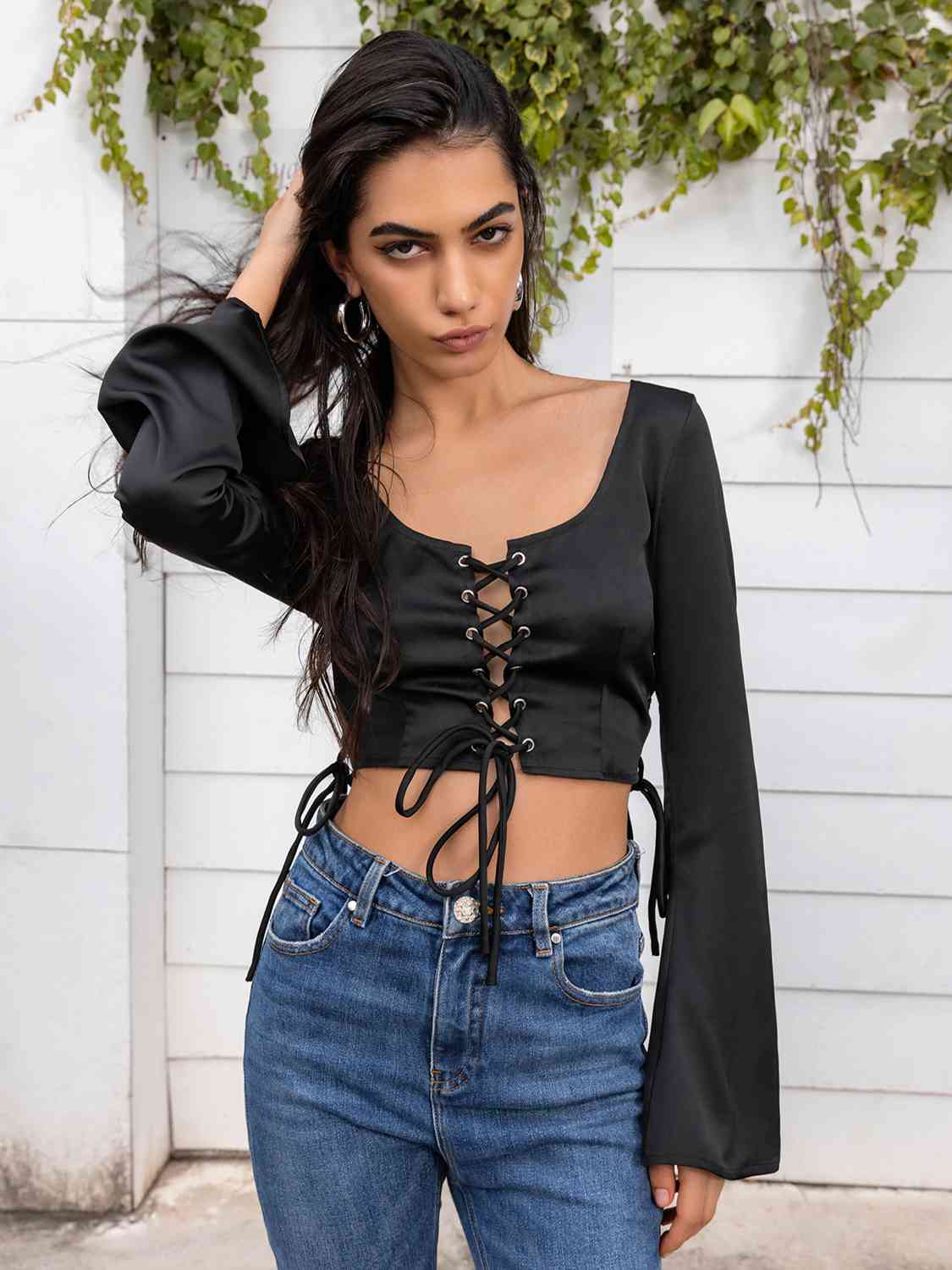 Flare Sleeve Lace Up Crop Top BLUE ZONE PLANET