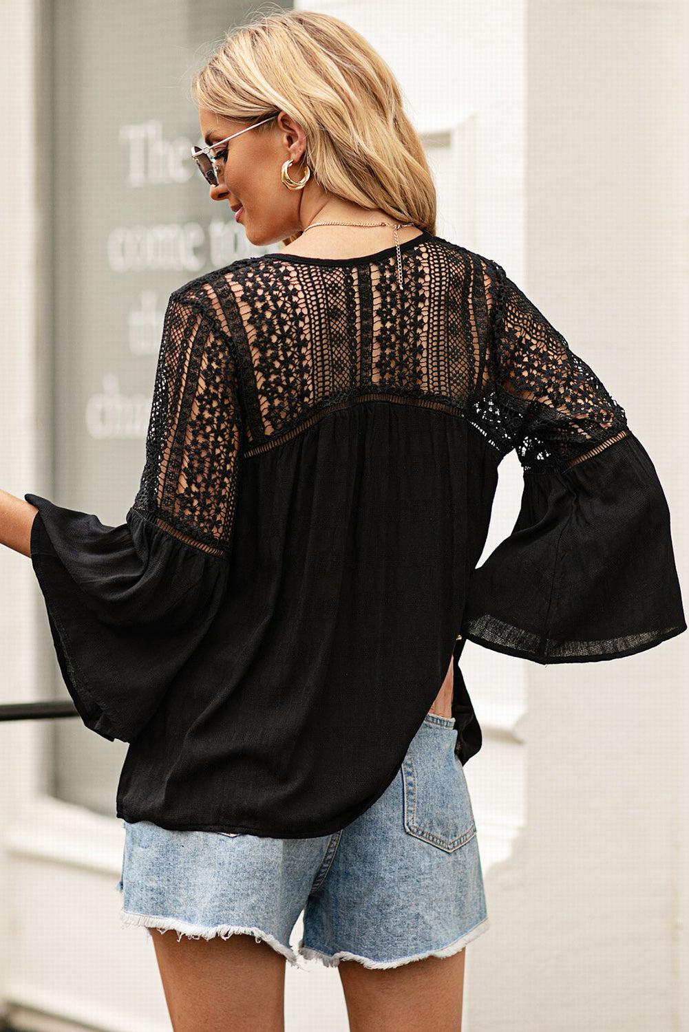 Flare Sleeve Spliced Lace V-Neck Shirt BLUE ZONE PLANET