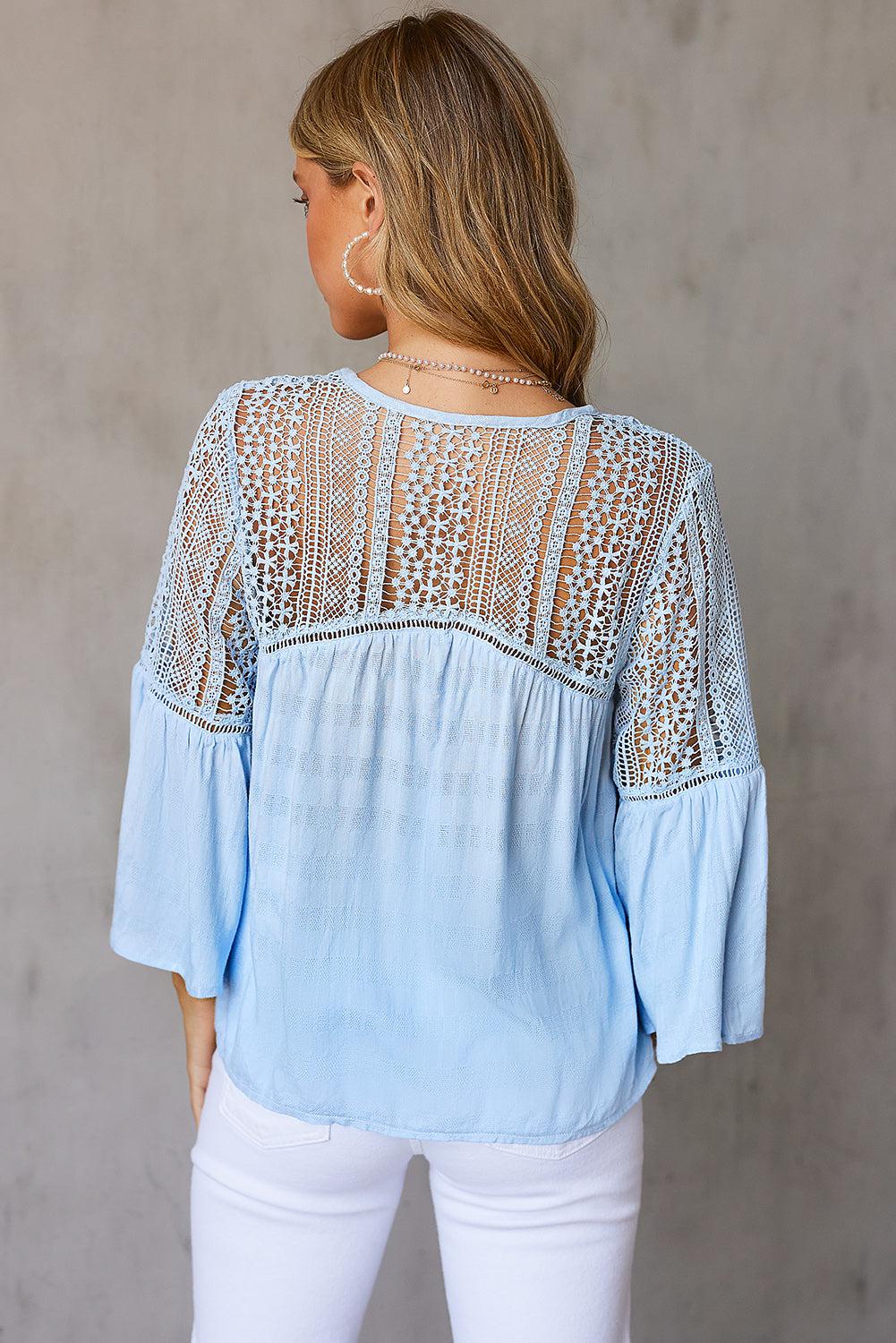 Flare Sleeve Spliced Lace V-Neck Shirt BLUE ZONE PLANET