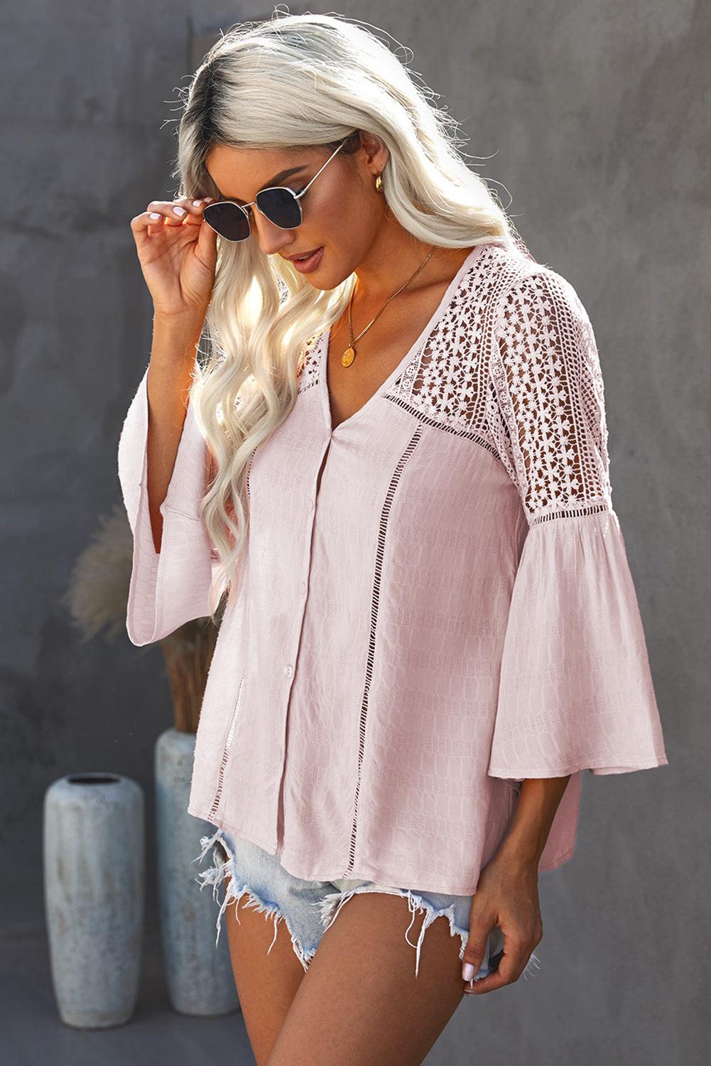 Flare Sleeve Spliced Lace V-Neck Shirt BLUE ZONE PLANET