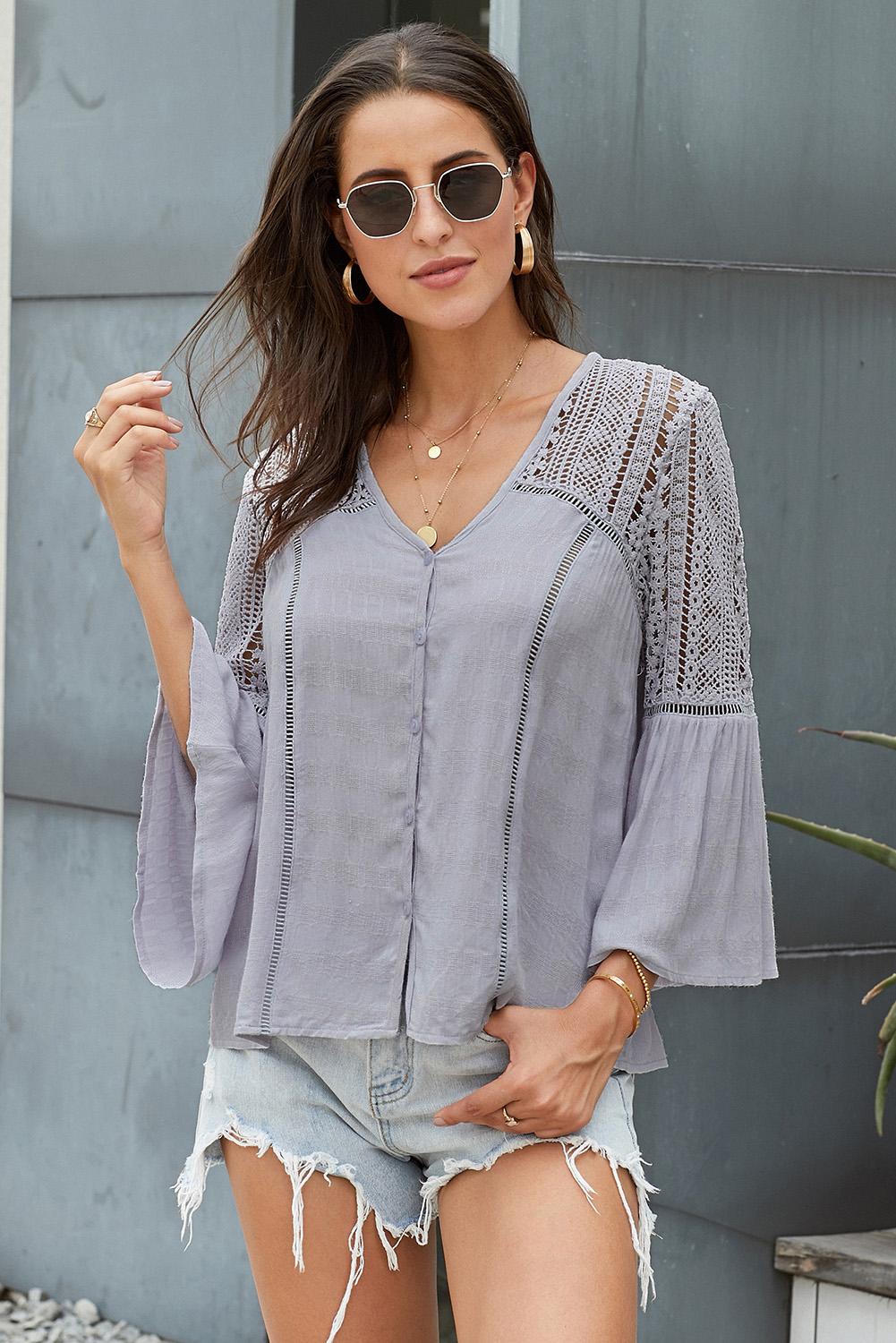 Flare Sleeve Spliced Lace V-Neck Shirt BLUE ZONE PLANET