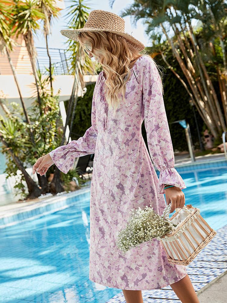 Floral Boat Neck Flounce Sleeve Dress BLUE ZONE PLANET