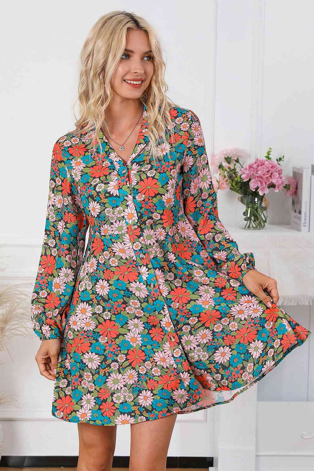 Floral Button Front Collared Neck Shirt Dress BLUE ZONE PLANET