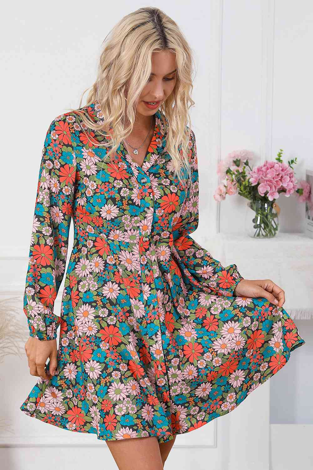 Floral Button Front Collared Neck Shirt Dress BLUE ZONE PLANET