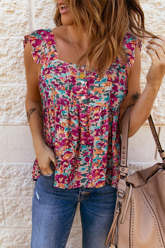Floral Buttoned Square Neck Ruffled Tank BLUE ZONE PLANET