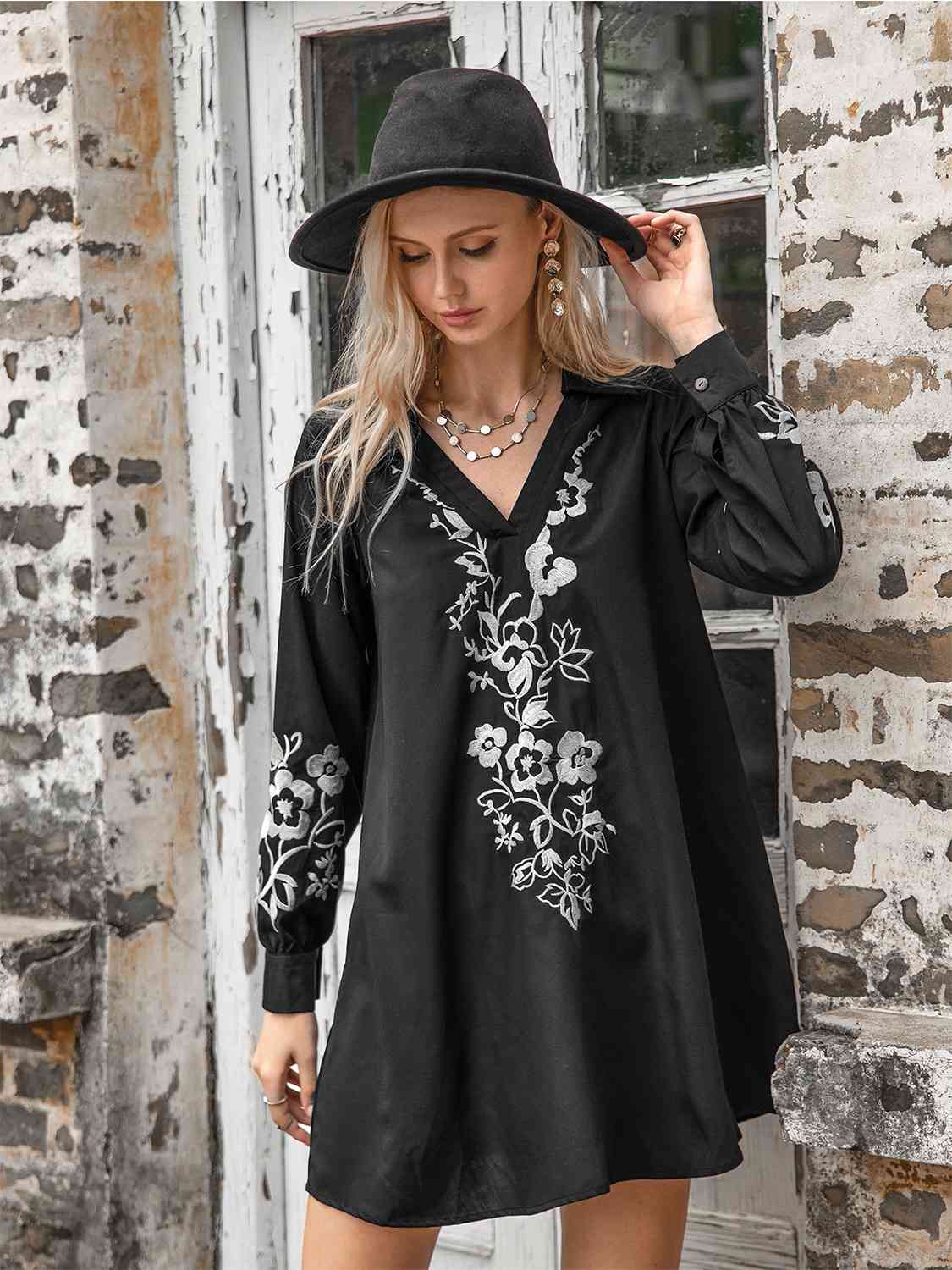 Floral Collared Neck Long Sleeve Dress BLUE ZONE PLANET